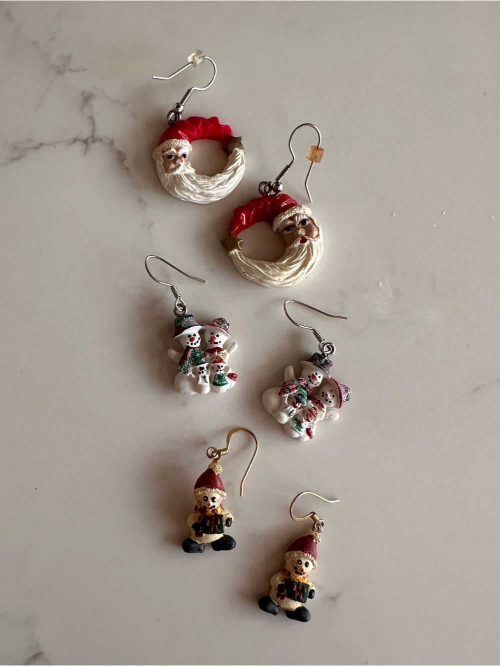 Festive VINTAGE Santa & Snowman Drop Earrings - Red, White, Green